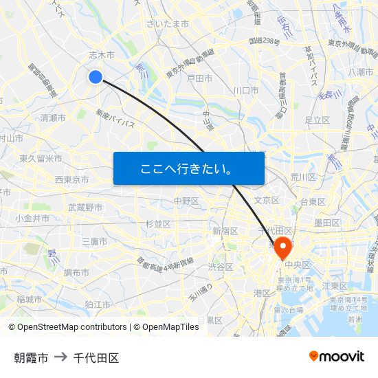 朝霞市 to 千代田区 map