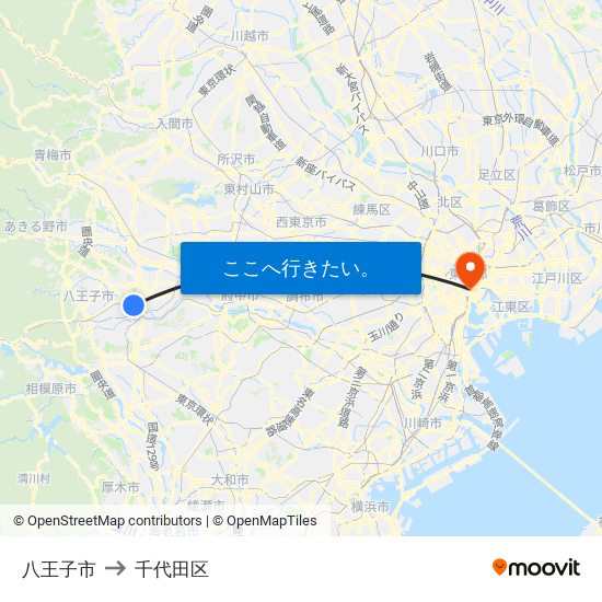 八王子市 to 千代田区 map