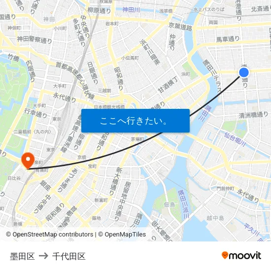 墨田区 to 千代田区 map