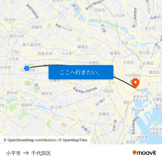 小平市 to 千代田区 map