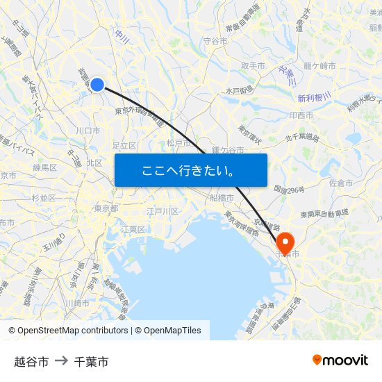越谷市 to 千葉市 map