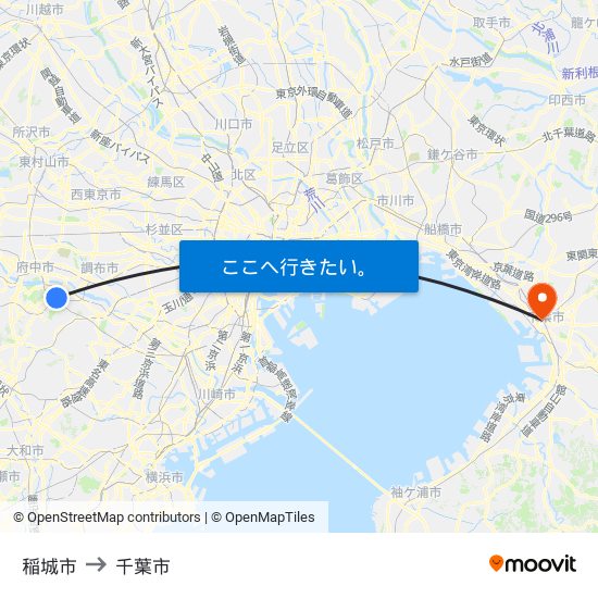 稲城市 to 千葉市 map