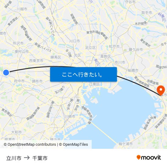 立川市 to 千葉市 map