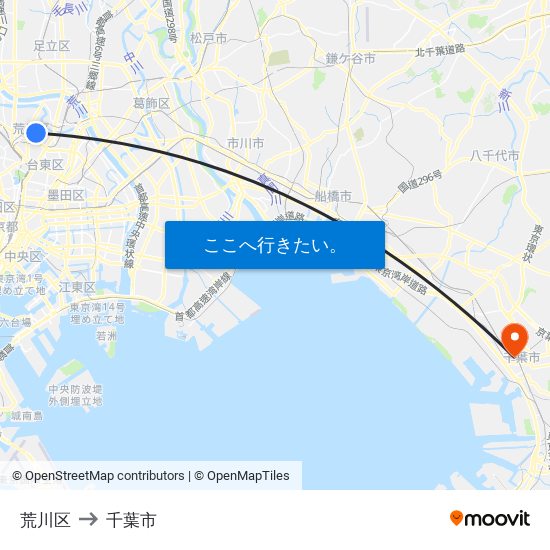 荒川区 to 千葉市 map