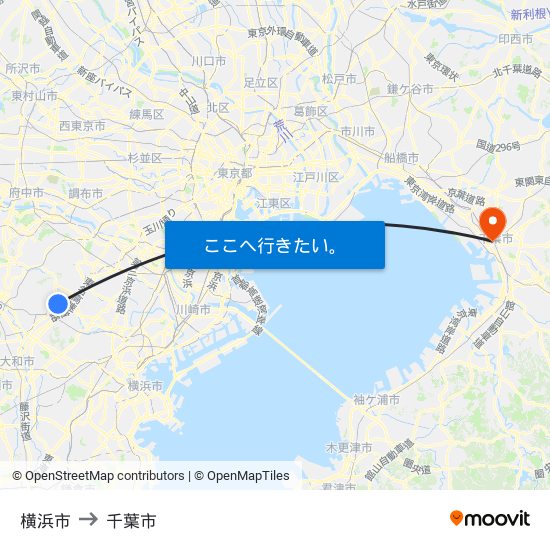 横浜市 to 千葉市 map