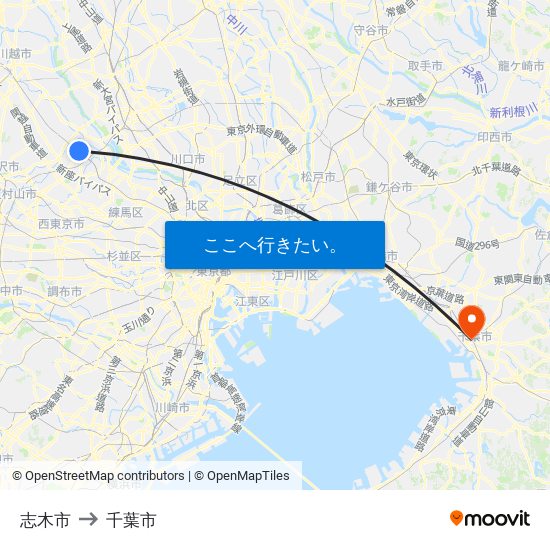 志木市 to 千葉市 map