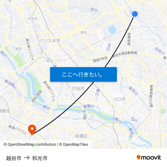 越谷市 to 和光市 map