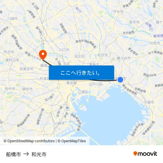 船橋市 to 和光市 map