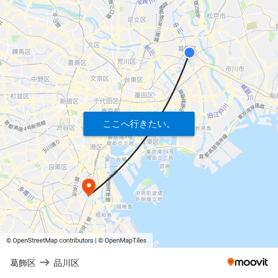 葛飾区 to 品川区 map