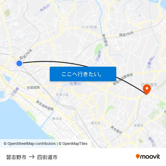 習志野市 to 四街道市 map