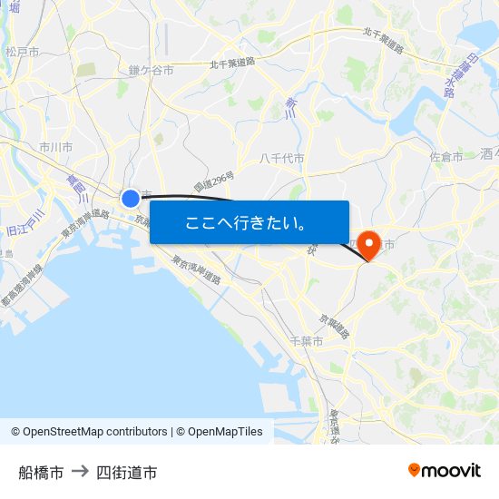 船橋市 to 四街道市 map