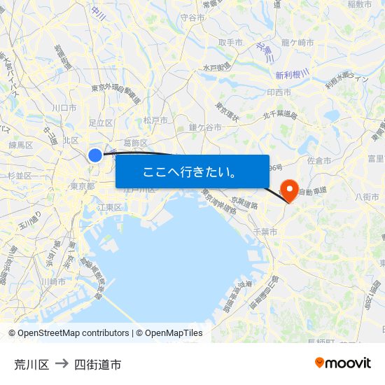 荒川区 to 四街道市 map