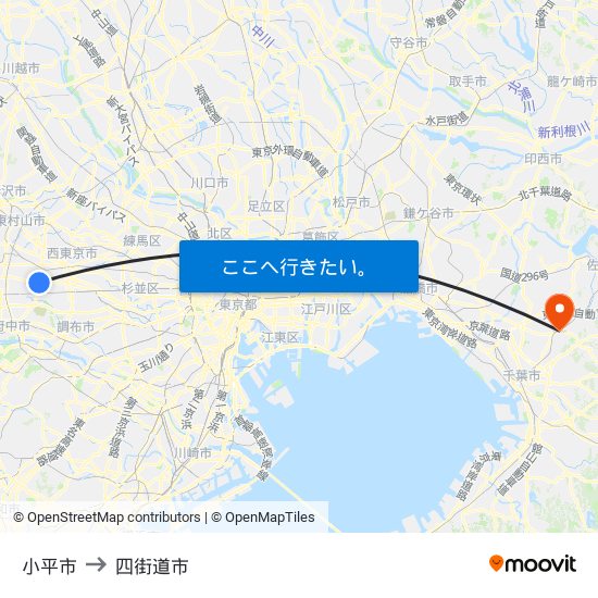 小平市 to 四街道市 map