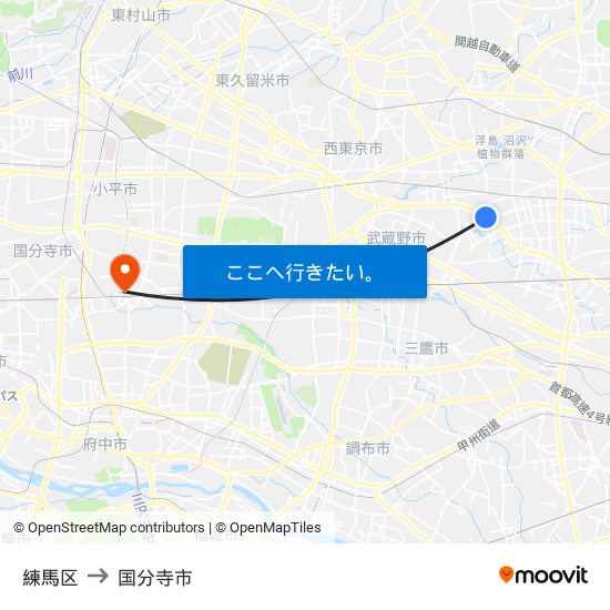 練馬区 to 国分寺市 map