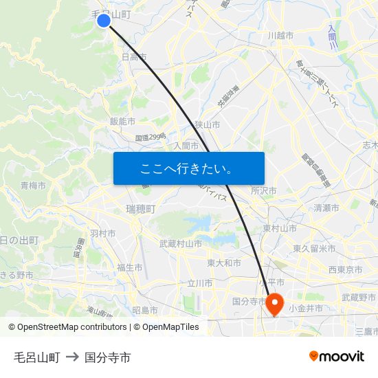 毛呂山町 to 国分寺市 map