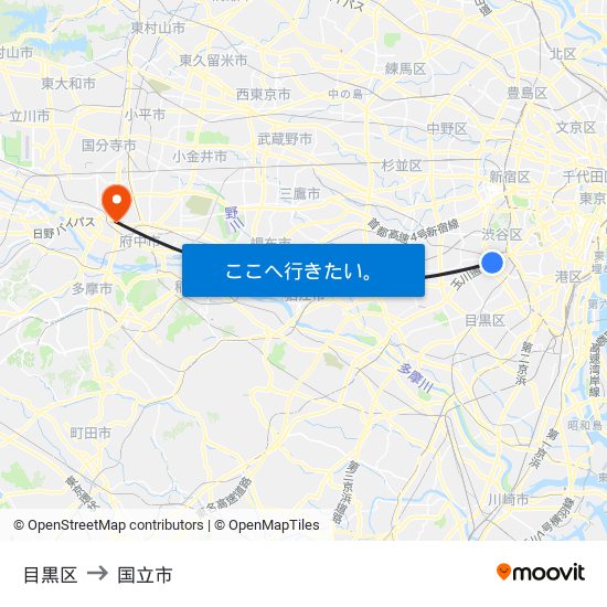 目黒区 to 国立市 map