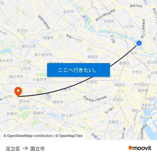 足立区 to 国立市 map