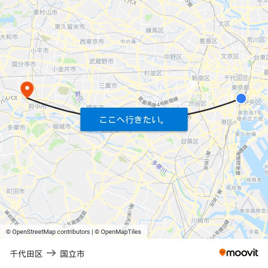 千代田区 to 国立市 map