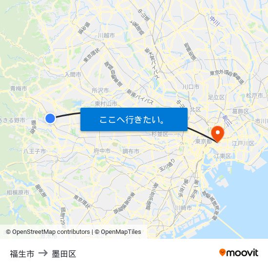 福生市 to 墨田区 map