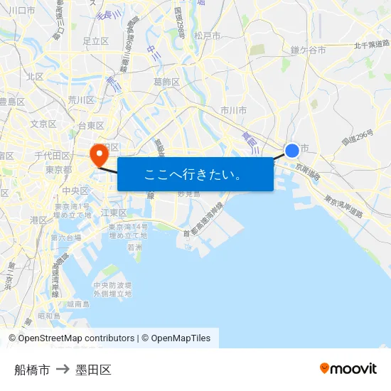 船橋市 to 墨田区 map