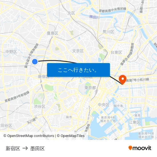 新宿区 to 墨田区 map