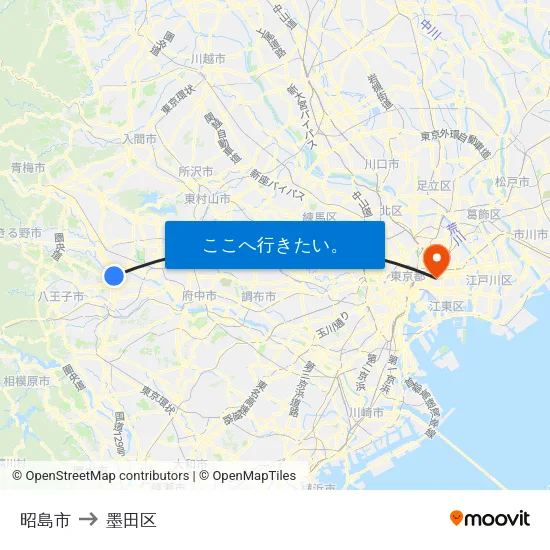 昭島市 to 墨田区 map