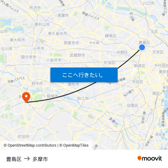 豊島区 to 多摩市 map