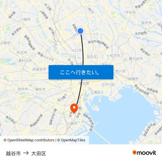 越谷市 to 大田区 map