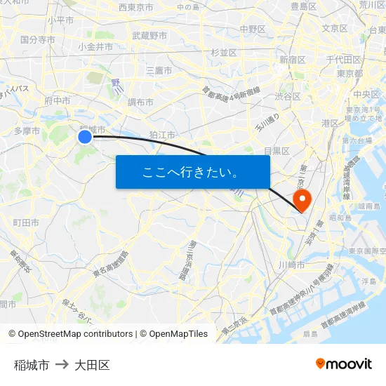 稲城市 to 大田区 map