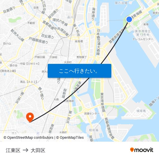 江東区 to 大田区 map