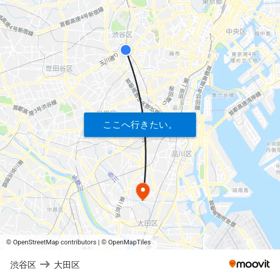 渋谷区 to 大田区 map