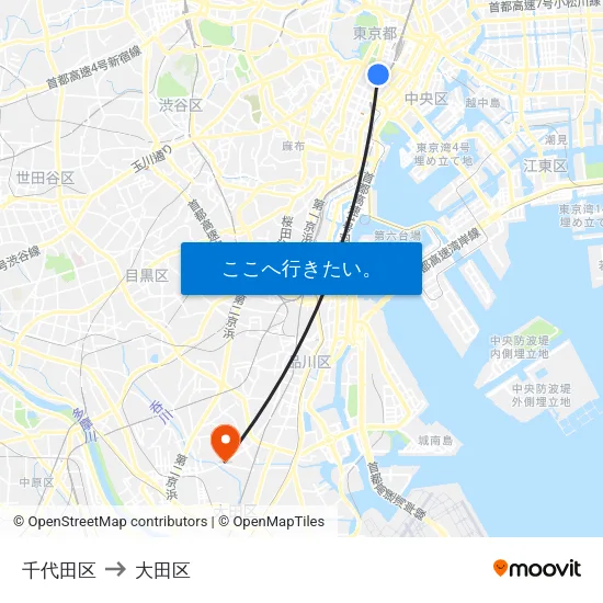 千代田区 to 大田区 map