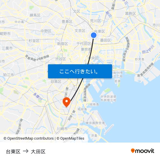 台東区 to 大田区 map