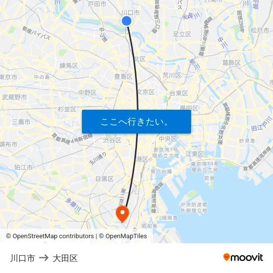 川口市 to 大田区 map