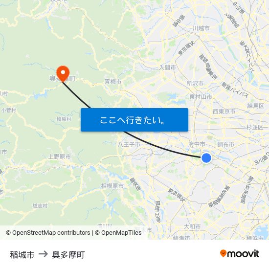 稲城市 to 奥多摩町 map