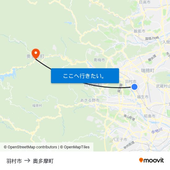 羽村市 to 奥多摩町 map