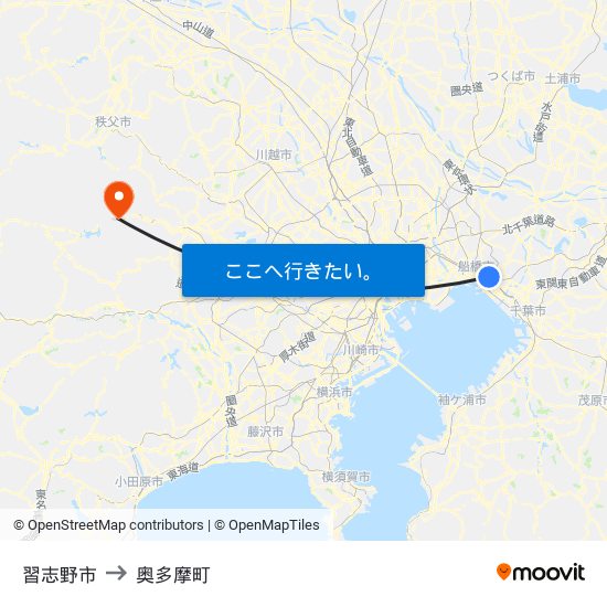 習志野市 to 奥多摩町 map