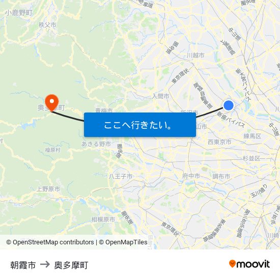 朝霞市 to 奥多摩町 map