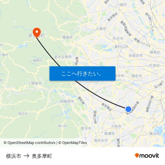 横浜市 to 奥多摩町 map
