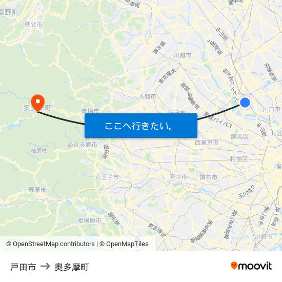 戸田市 to 奥多摩町 map