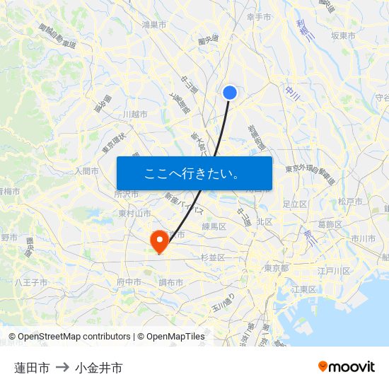 蓮田市 to 小金井市 map