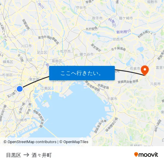 目黒区 to 酒々井町 map