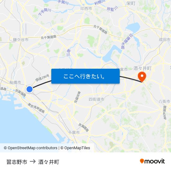 習志野市 to 酒々井町 map