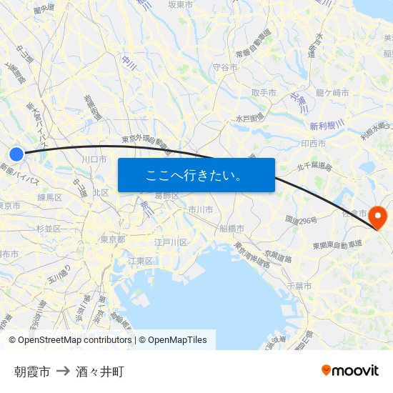 朝霞市 to 酒々井町 map