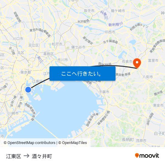 江東区 to 酒々井町 map