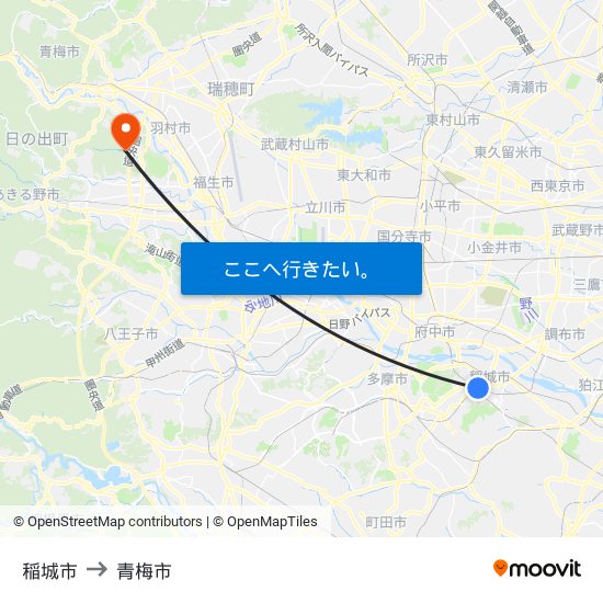 稲城市 to 青梅市 map