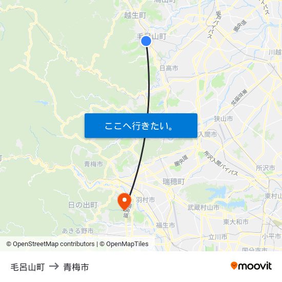 毛呂山町 to 青梅市 map