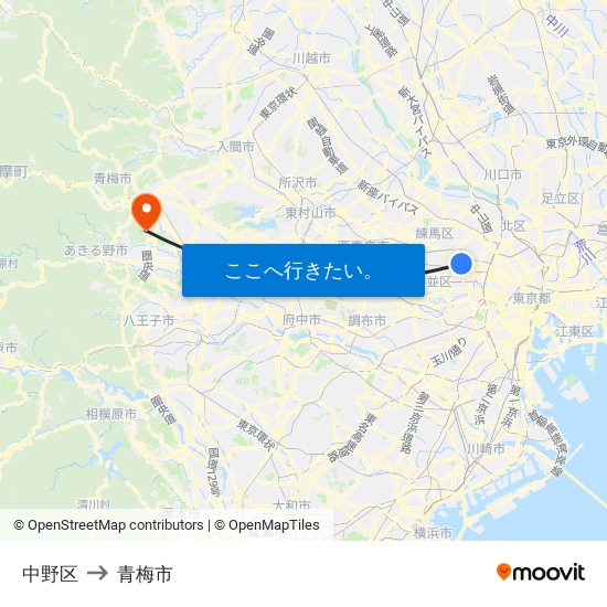 中野区 to 青梅市 map