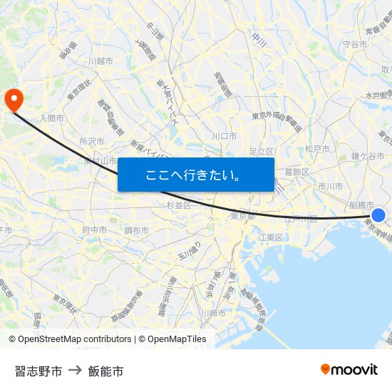 習志野市 to 飯能市 map
