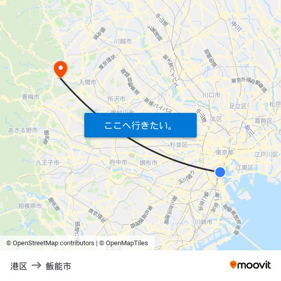 港区 to 飯能市 map